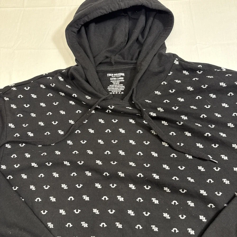 SWEATER SWEATSHIRT MENS XL‎ True Religion All Over Print Hoodie  Black/WHITE